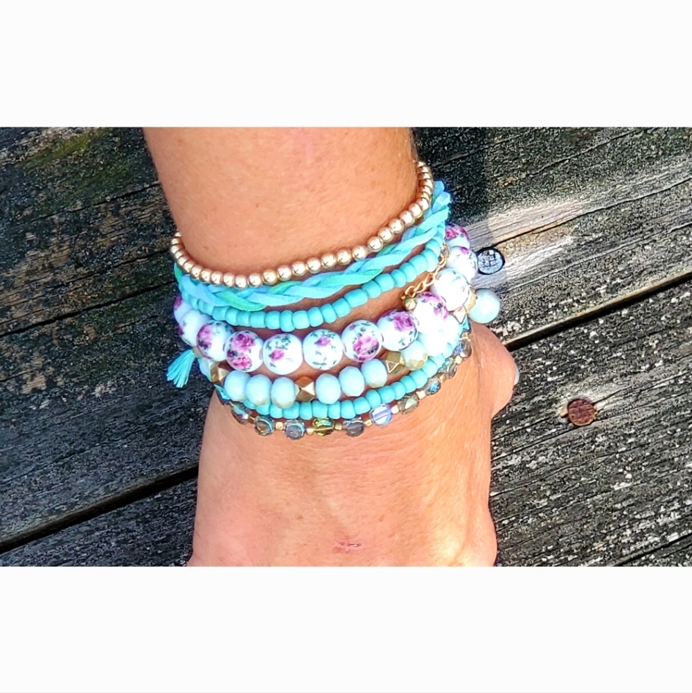 NWT GRACE Turquoise Multi Layer Bead Stacking Strand Stretch Statement B…